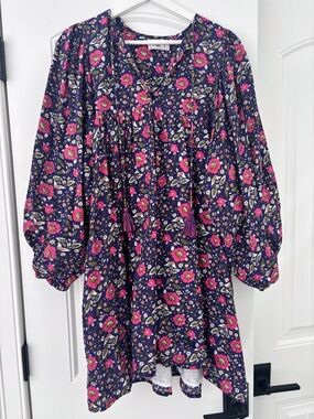 Mille Daisy Dress in Primrose Long-Sleeve Peasant Dress - Pink on Navy